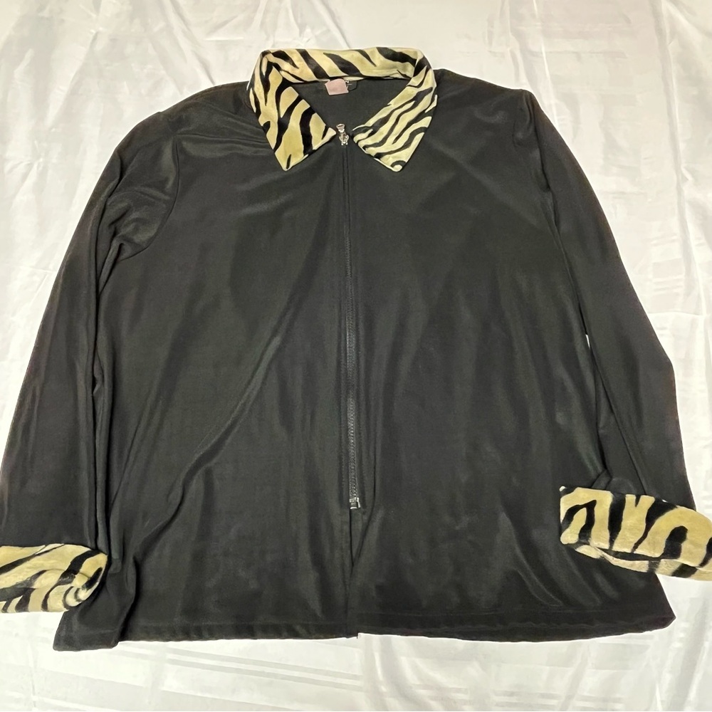 Adrian‎ Karen Vtg Black Shirt Jacket with Tan Zebra Print Accents Retro 3XL